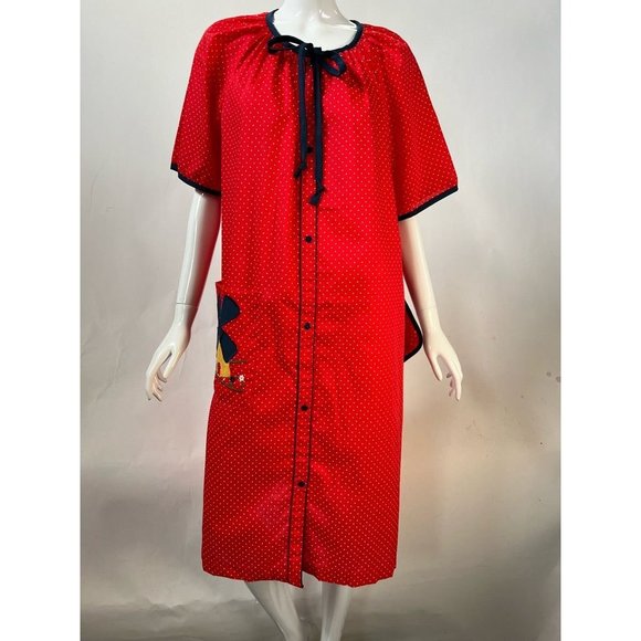 Smart Time Dresses Vintage Smart Time Womens House Dress Red Midi Pocket Tie Neck Potholder